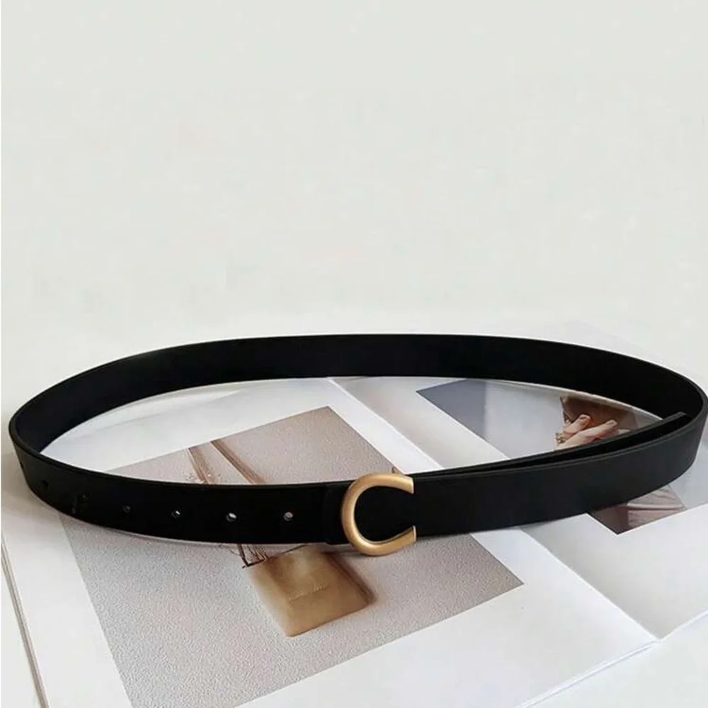 Classic Black Leather Gold C Buckle Belt - Picture 7 of 10